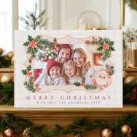Cute Watercolor Santa Pink Custom Photo Christmas Holiday Card