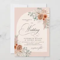 Rustic Calligraphy Boho Terracotta Pampas Wedding Invitation