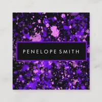 Purple on Black Paint Splatter    Square Business Card