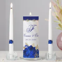Elegant Royal Blue White Floral Monogram Wedding Unity Candle Set