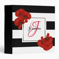 Red Poppies on Black & White Striped Background 3 Ring Binder