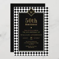 Monogrammed Black & Gold Milestone Age Birthday Invitation