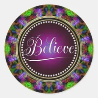 Believe : Inspire : Green Purple Mandala Circle Classic Round Sticker