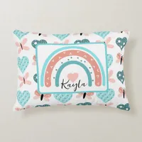 Pink and Teal Rainbows, Butterflies and Hearts Accent Pillow