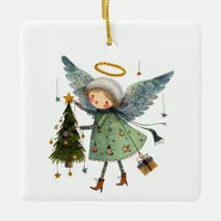 Cute Angel with a Christmas Tree Ceramic Ornament