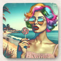 Beautiful Retro Pop Art Woman with Lollipop Beverage Coaster