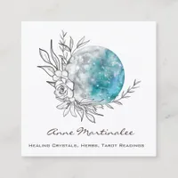 Blue Floral Moon Square Business Card