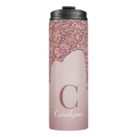 Girly Rose Gold Sparkle Glitter Drips Monogram Thermal Tumbler