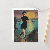She Runs on Beach in a black dress silver boots Postcard