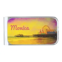 Yellow and Purple Santa Monica Pier Your Name Silver Finish Money Clip