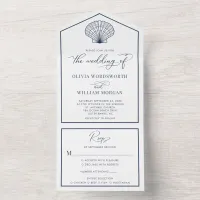 Elegant Beach Scallop Shell Wedding Navy Blue All In One Invitation