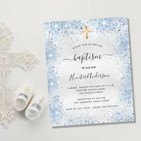 Budget baptism silver glitter blue boy invitation