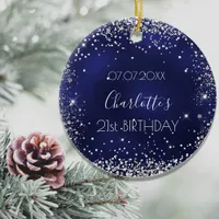 Birthday navy blue silver glitter sparkles ceramic ornament