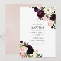 Burgundy Plum and Blush Pink Floral Baptism Invitation