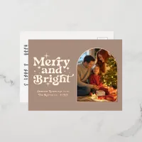 Rose Gold & Taupe Merry and Bright Retro Christmas Foil Holiday Postcard