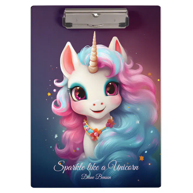 Cute Unicorn Cartoon in Pink & Purple Clipboard