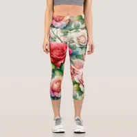 Whimsical Rose Pattern Capri Leggings