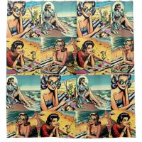 Beautiful Retro Lady at the Beach with Cocktail Shower Curtain