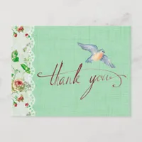 Lace Burlap Vintage Roses and Swallow Thank You Postcard