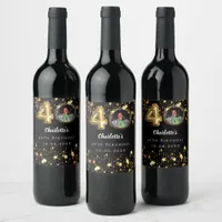40th birthday black gold stars photo wine label