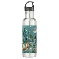 Fox Family in Forest Full Moon Snowfall Holiday Stainless Steel Water Bottle