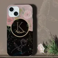 Black Pink Monogram with Roses Phone Case