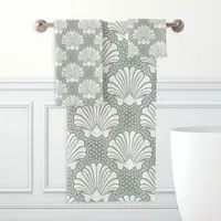 Sage Green and White Seashell Coastal  Bath Towel Set