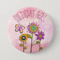 Folksy Whimsical Floral Birthday Girl Button