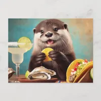 Funny Cute Otter With Osyster Tacos and Margarita Postcard