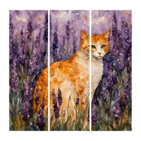 A pretty ginger cat in a lavender field  triptych