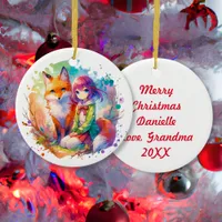 Pretty Watercolor Anime Girl and Fox Christmas Ceramic Ornament