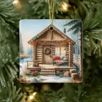 Tiny Home Log Cabin in the Winter Woods Christmas Ceramic Ornament