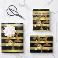 Luxury Shiny Glowing Gold Snowflakes And Stars  Wrapping Paper Sheets