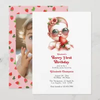Gingham Strawberry Berry 1st Birthday Party Photo Invitation