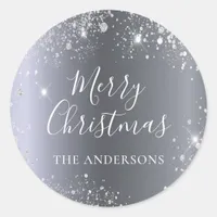 Christmas silver glitter family name classic round sticker