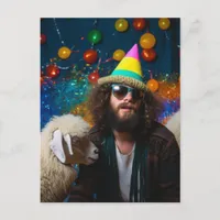 Funny Sheep and Jesus at a Colorful Birthday Party Postcard