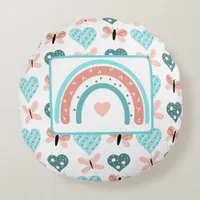 Pink and Teal Rainbows, Butterflies and Hearts Round Pillow