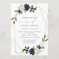 Navy & Blush Wedding Invite Geometric Faux Foil