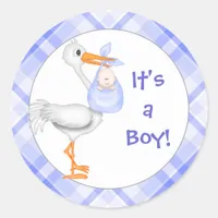 Stork & Baby Boy Baby Announcement Classic Round Sticker