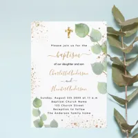 Baptism eucalyptus greenery cross script twins invitation