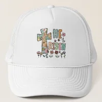 He is Risen Easter Floral Jesus Cross Trucker Hat