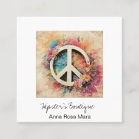 *~* Grunge AP57  Boho QR Peace Symbol Floral Square Business Card