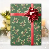 Mistletoe Christmas Pattern on Green Wrapping Paper