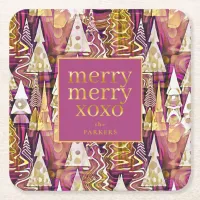 Magenta Gold Christmas Merry Pattern#25 ID1009 Square Paper Coaster