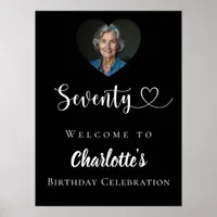 Black 70th birthday party photo heart welcome poster
