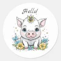 Hello! Cute Pig with Flower on her Head Classic Round Sticker