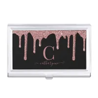 Black Rose Gold Glitter Drips Monogram Business Card Case