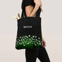 Black white florals name elegant tote bag