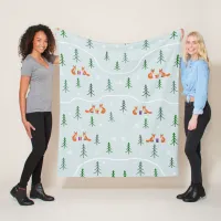 Christmas foxes in snowy forest with presents fleece blanket