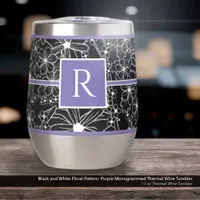 Black and White Floral Pattern: Purple Monogrammed Thermal Wine Tumbler